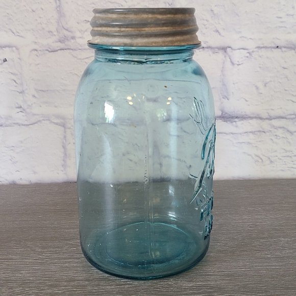 Vintage Ball Perfect Mason Blue Quart #1 Jar Aqua W/ Atlas Zinc Lid - Picture 6 of 10